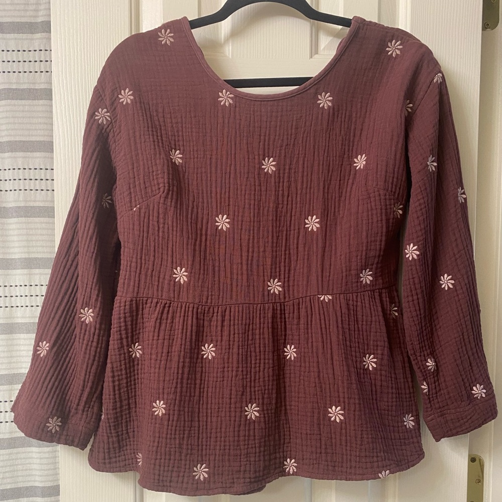 Madewell Embroidered Floral Peplum Open Back Top Size Small